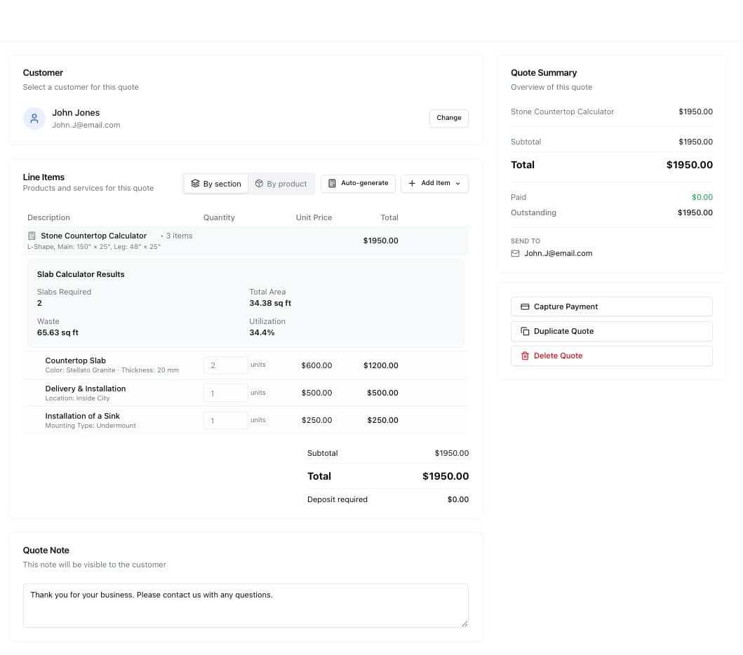 SureLoop dashboard showing quote details and slab calculator results